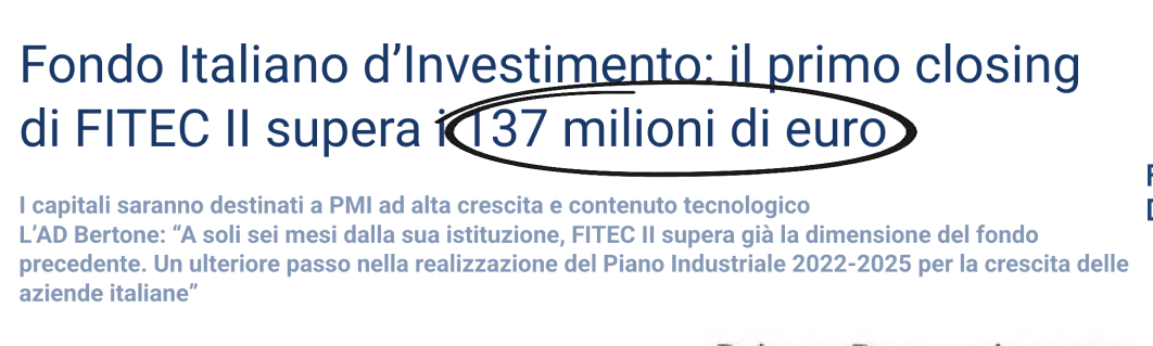 Fondo Italiano d'Investimento: Fondo Italiano d'Investimento: il primo closing di FITEC II supera i 137 milioni di euro
